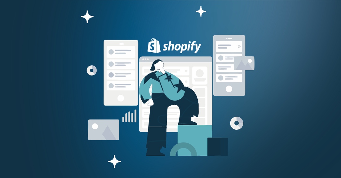 Four13 Digital graphic with the text “How Shopify SEO Helps High-Growth Brands Win” and an illustration of a person reviewing Shopify analytics and storefront screens.
