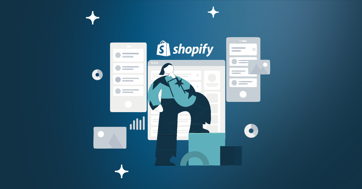 Four13 Digital graphic with the text “How Shopify SEO Helps High-Growth Brands Win” and an illustration of a person reviewing Shopify analytics and storefront screens.