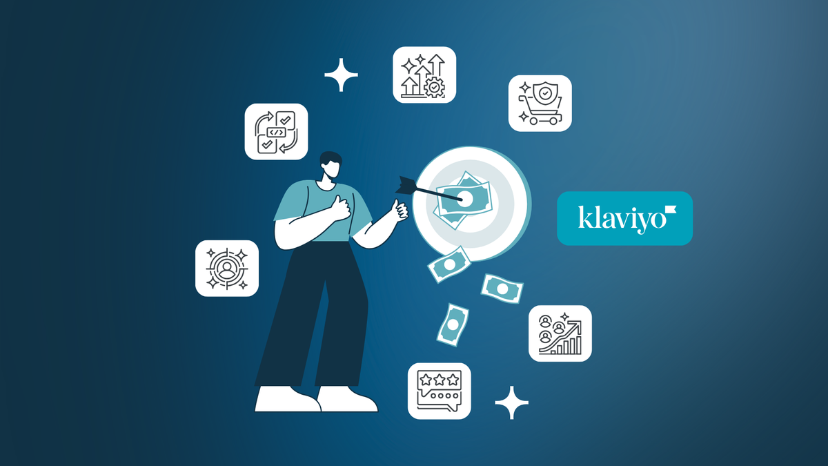 Illustration of a person aiming an arrow at a target, with money bills, icons, and the logo for Klaviyo email marketing in the background.