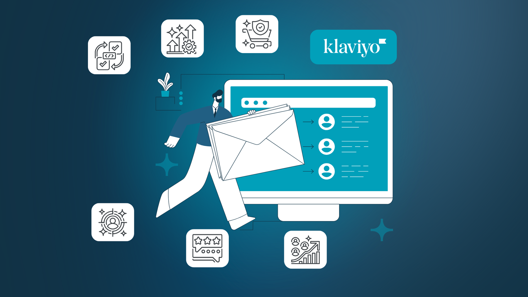 Illustration of a person carrying envelopes in front of a computer screen, and he’s surrounded by icons (integrations, growth, shopping cart, targeting, reviews, and analytics) with the Klaviyo logo in the corner.