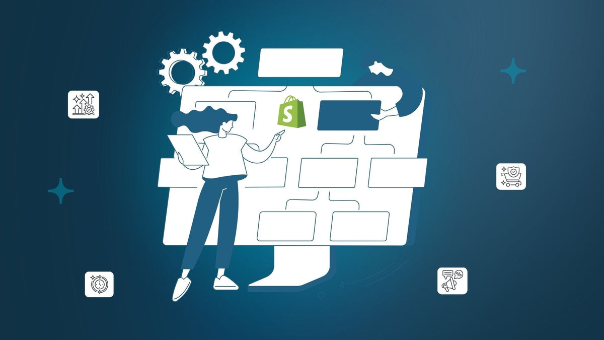 Illustration of a woman with a tablet pointing at a flowchart with a Shopify logo, surrounded by gear and technology icons on a blue background.