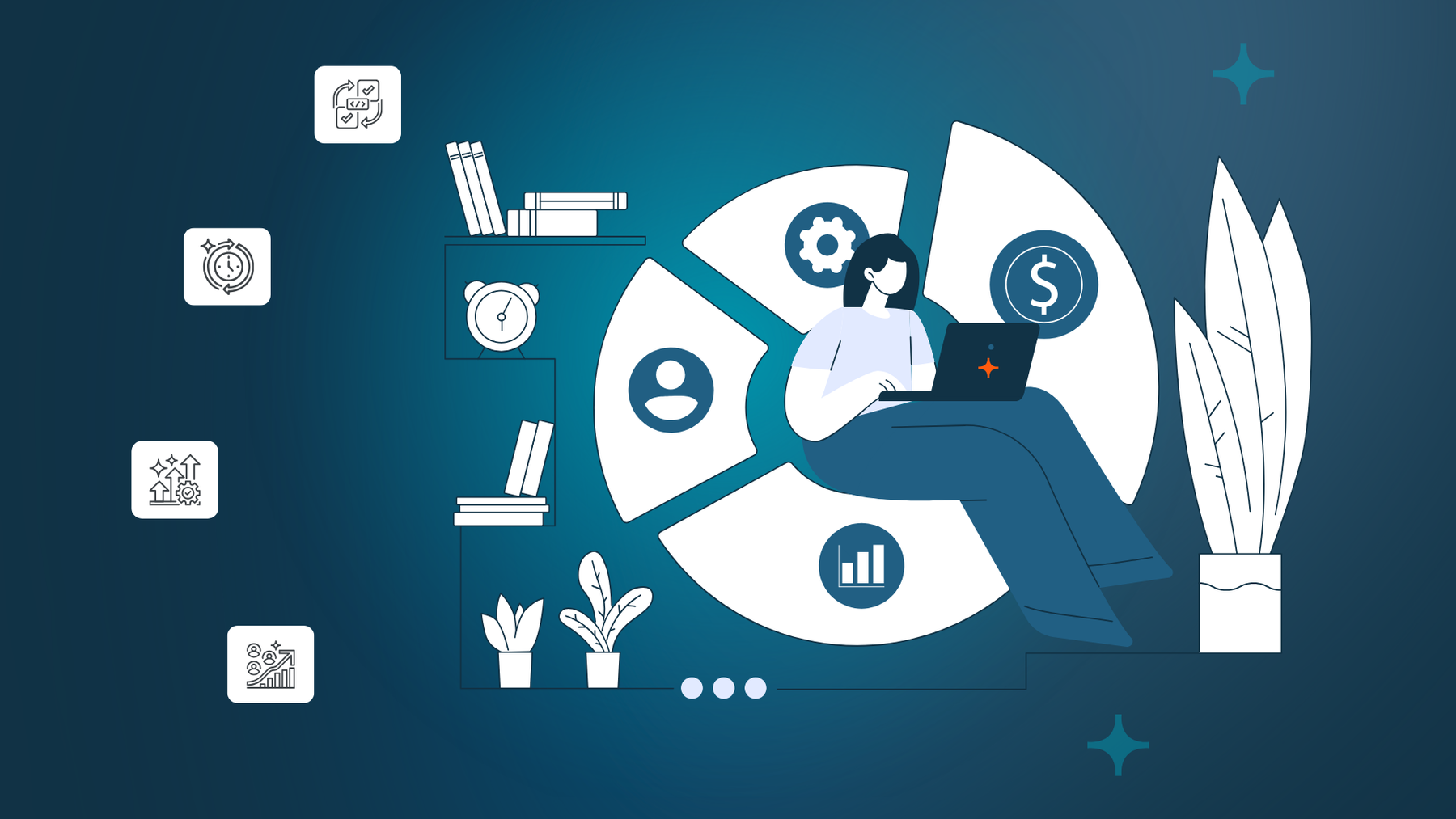Illustration of a person using a laptop inside a circular dashboard, surrounded by icons for marketing, sales, customer data, analytics, and business growth.
