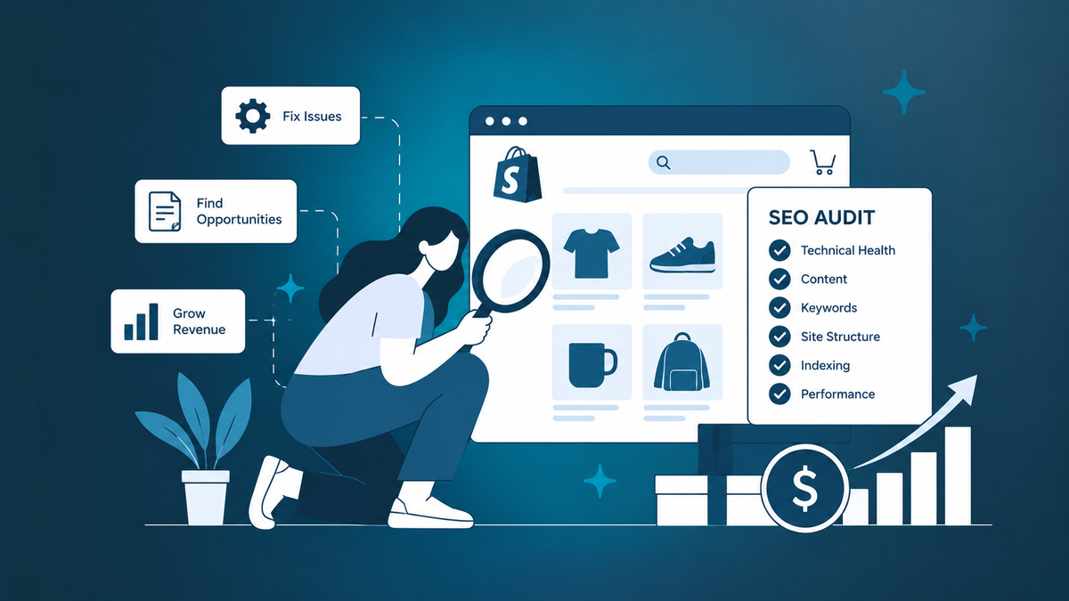 Illustration of an eCommerce SEO audit featuring a woman analyzing a Shopify store, a checklist of SEO factors, and a revenue growth chart.