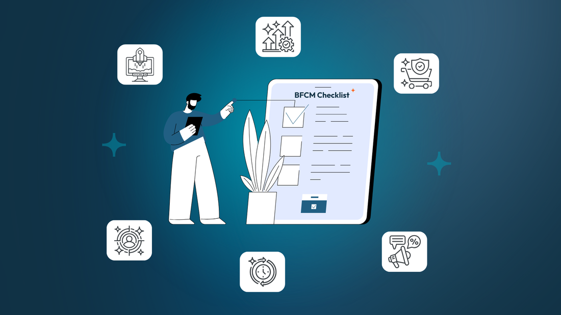 Illustration of a person pointing to a large checklist labeled “BFCM Checklist,” with small icons around it.