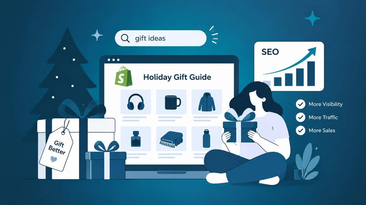 Illustration of a Shopify holiday gift guide with product recommendations, an SEO growth chart, and a shopper holding a present.